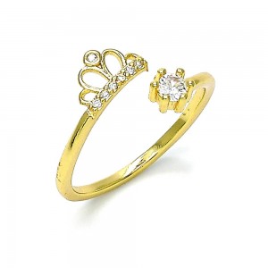 Gold Finish Multi Stone Ring Crown Design with White Micro Pave Polished Golden Tone