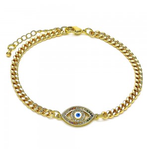 Gold Filled Fancy Bracelet Greek Eye Design With Multicolor Micro Pave White Enamel Finish Golden Tone