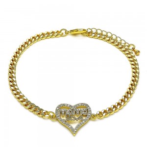 Gold Filled Fancy Bracelet Mom and Heart Design With White Micro Pave Polished Finish Golden Tone