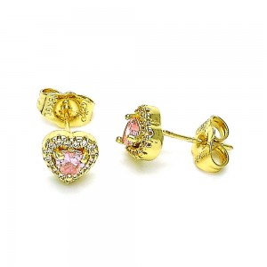 Gold Filled Stud Earrings Heart Design with Pink Cubic Zirconia and White Micro Pave Polished Golden Tone