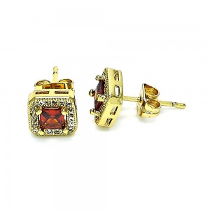 Gold Filled Stud Earrings with Garnet Cubic Zirconia and White Micro Pave Polished Golden Tone