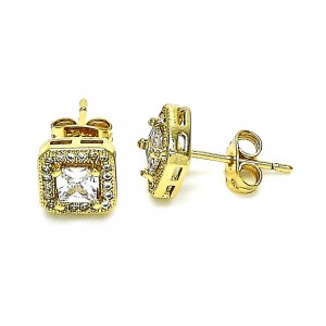 Gold Filled Stud Earrings with White Cubic Zirconia and White Micro Pave Polished Golden Tone