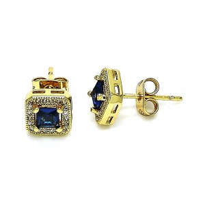 Gold Filled Stud Earring with Sapphire Blue Cubic Zirconia and White Micro Pave Polished Golden Tone