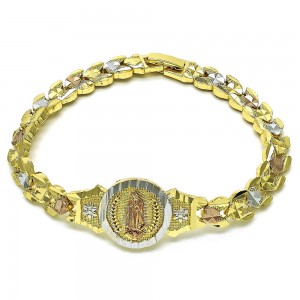 Gold Finish Fancy Bracelet Guadalaupe and Heart Design Diamond Cutting Finish Tri Tone