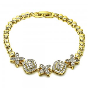Gold Filled Fancy Bracelet Flower and Heart Design With White Cubic Zirconia Polished Finish Golden Tone