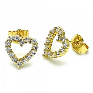 Gold Finish Stud Earring Heart Design with White Cubic Zirconia Polished Golden Tone