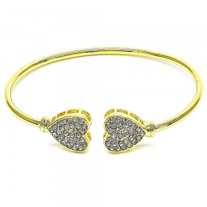 Gold Finish Individual Bangle Heart Design with White Crystal Polished Golden Tone