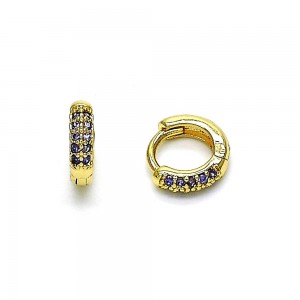 Gold Finish Huggie Hoop with Amethyst Micro Pave Polished Golden Tone