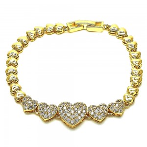 Gold Filled Fancy Bracelet Heart Design with White Micro Pave Polished Golden Tone