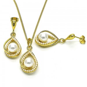 Gold Filled Earrings and Pendant Set Teardrop Design with Ivory Pearl Polished Golden Tone