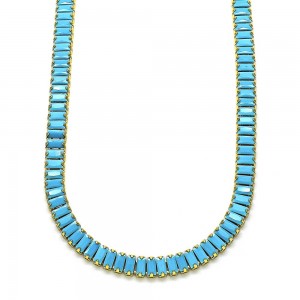 Gold Filled Fancy Necklace  Baguette Design with Turquoise Cubic Zirconia Polished Golden Finish 5 MM Thickness 12 Inches Length