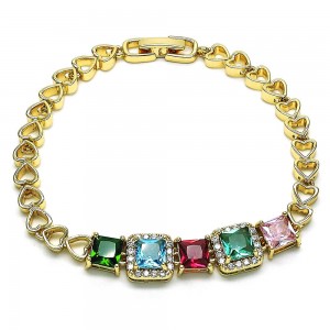 Gold Finish Fancy Bracelet Heart Design with Multicolor Cubic Zirconia Polished Golden Tone