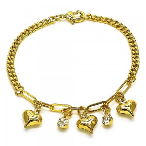Gold Finish Charm Bracelet Heart and Paperclip Design with White Crystal Polished Golden Tone