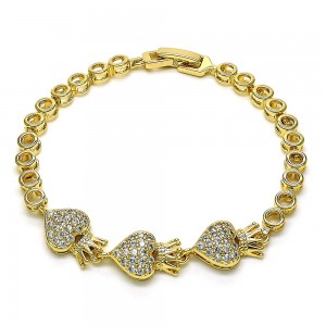 Gold Filled Fancy Bracelet Heart and Crown Design with White Micro Pave Polished Golden Tone