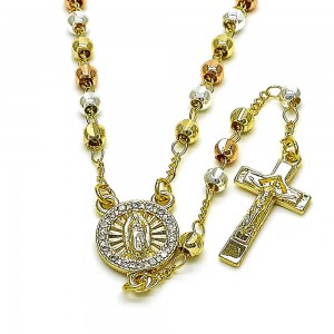 Gold Filled 20" Thin Rosary Guadalupe and Crucifix Design with White Micro Pave Polished Tri Tone
