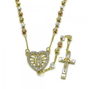 Gold Filled 20" Thin Rosary Guadalupe and Heart Design with White Crystal Diamond Cutting Finish Tri Tone