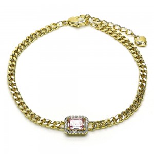 Gold Filled Fancy Bracelet with Pink Cubic Zirconia and White Micro Pave Polished Golden Tone