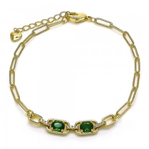 Gold Filled Fancy Bracelet Paperclip Design with Green Cubic Zirconia and White Micro Pave Polished Golden Tone