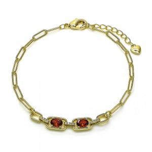 Gold Filled Fancy Bracelet Paperclip Design with Garnet Cubic Zirconia and White Micro Pave Polished Golden Tone