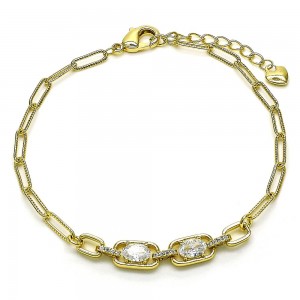 Gold Filled Fancy Bracelet Paperclip Design with White Cubic Zirconia and White Micro Pave Polished Golden Tone