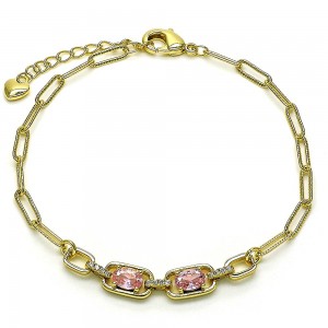 Gold Filled Fancy Bracelet Paperclip Design with Pink Cubic Zirconia and White Micro Pave Polished Golden Tone
