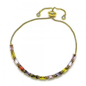 Gold Finish Adjustable Bolo Bracelet with Multicolor Cubic Zirconia Polished Golden Tone