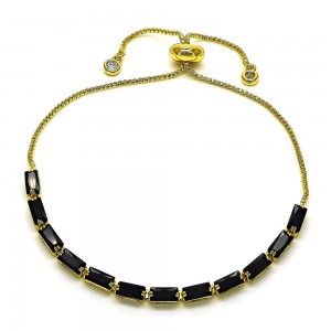 Gold Finish Adjustable Bolo Bracelet with Black Cubic Zirconia Polished Golden Tone
