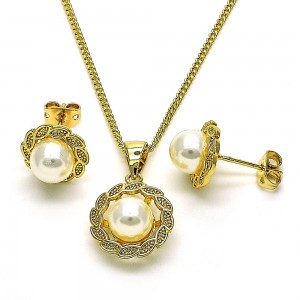 Gold Filled Earring and Pendant Set with White Pearl Polished Golden Tone