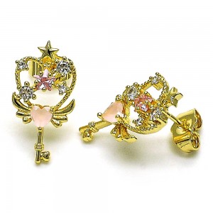 Gold Finish Stud Earring key and Heart Design with Rose Water Opal and Pink Cubic Zirconia Polished Golden Tone