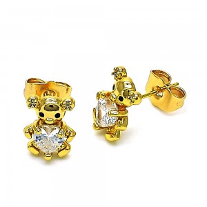Gold Finish Stud Earring Teddy Bear Design with White Cubic Zirconia and White Micro Pave Polished Golden Tone
