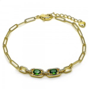 Gold Filled Fancy Bracelet Paperclip Design with Green and White Cubic Zirconia Polished Golden Tone