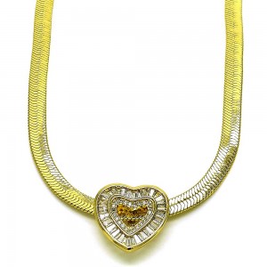 Gold Finish Fancy Necklace Heart Design with White Cubic Zirconia and White Micro Pave Polished Golden Tone