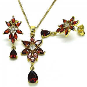 Gold Finish Earring and Pendant Set Flower and Teardrop Design with Garnet and White Cubic Zirconia Polished Golden Tone