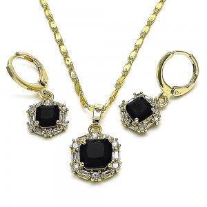 Gold Finish Earring and Pendant Set with Black Cubic Zirconia and White Micro Pave Polished Golden Tone