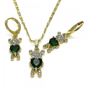 Gold Finish Earring and Pendant Set with Emerald Green Cubic Zirconia and White Micro Pave Polished Golden Tone