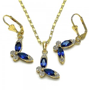 Gold Finish Earring and Pendant Set Butterfly Design with Blue Cubic Zirconia and White Micro Pave Polished Golden Tone