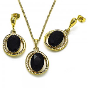 Gold Finish Earring and Pendant Set with Jet and Crystal Crystal Polished Golden Tone