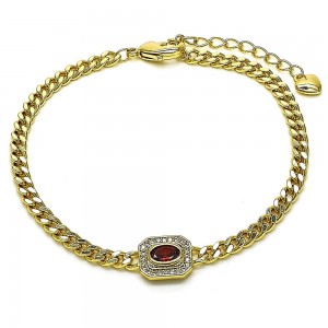Gold Finish Fancy Bracelet Miami Cuban Design with Garnet Cubic Zirconia and White Micro Pave Polished Golden Tone