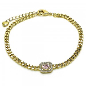 Gold Finish Fancy Bracelet Miami Cuban Design with Pink Cubic Zirconia and White Micro Pave Polished Golden Tone
