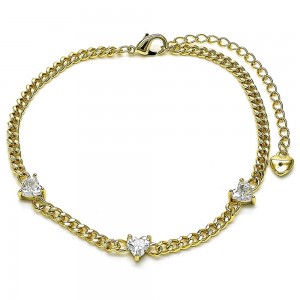 Gold Finish Fancy Bracelet Heart and Miami Cuban Design with White Cubic Zirconia Polished Golden Tone