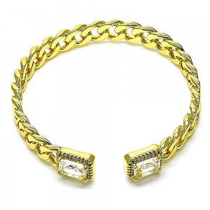 Gold Filled Individual Bangle Miami Cuban Design with White Cubic Zirconia and White Micro Pave Polished Golden Tone