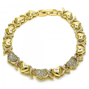 Gold Filled Fancy Bracelet Hugs and Kisses and Heart Design with White Micro Pave Polished,Golden Finish 8 MM Thickness 7 Inches Length