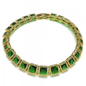 Gold Finish Fancy Bracelet with Emerald and White Cubic Zirconia Polished Golden Tone