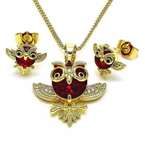 Gold Finish Earring and Pendant Set Owl Design with Garnet Cubic Zirconia and White Micro Pave Polished Golden Tone