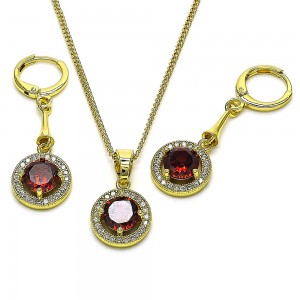 Gold Finish Earring and Pendant Set with Garnet Cubic Zirconia and White Micro Pave Polished Golden Tone