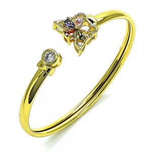 Gold Finish Individual Bangle Butterfly and Flower Design with Multicolor Cubic Zirconia Polished Golden Tone