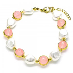Gold Finish Fancy Bracelet Ball and Heart Design with Ivory Pearl and Pink Crystal Polished Golden Tone