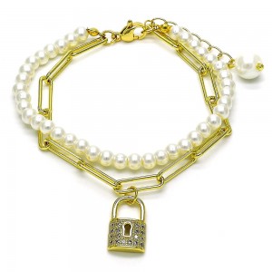 Gold Finish Fancy Bracelet Lock and Paperclip Design with Ivory Pearl and White Micro Pave Polished Golden Tone
