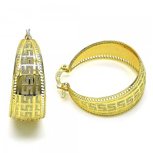 Gold Finish 31mm Medium Hoop Greek Key Design Diamond Cutting Finish Golden Tone