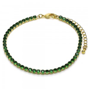 Gold Finish Tennis Bracelet with Emerald Green Cubic Zirconia Polished Golden Tone